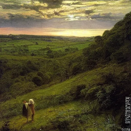 Image similar to Wanderer looking at a lush valley, distant forest, sunset, sunrays, masterful painting by John Everette Millais