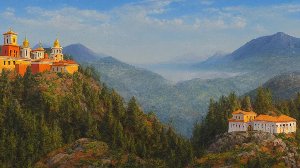 Prompt: High-Quality realist painting of an orthodox monastery on top of a mountain at dawn, peaceful, very detailed, digital art.