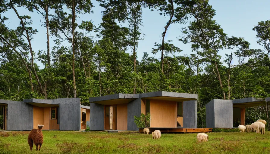 Image similar to A wide image of an eco-community of innovative contemporary 3D printed prefab sea ranch style cabins with rounded corners and angles<photobomb>alpaca</photobomb>, beveled edges, made of cement and concrete, organic architecture, in a lush green forest Designed by Gucci and Wes Anderson, golden hour