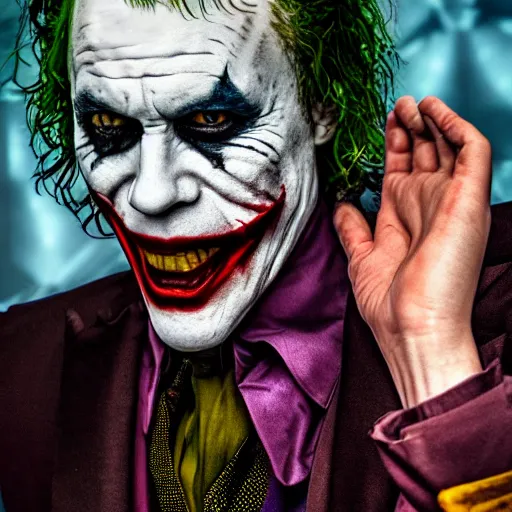 Image similar to heath ledger\'s joker, joke, very joker, the joker, the dark knight joker, very very joker, batman joker, realistic, photorealistic, high-resolution, 4k, 8k, sigma art 85mm f1.4, high contrast, large sensor dslr, professional photo, the joker, joker