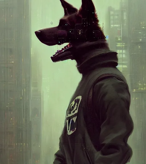 Image similar to new york city portrait of furry anthro anthropomorphic german shepard head animal person fursona wearing clothes strange cybernetic muzzle gloomy rainy cyberpunk digital art by Greg Rutkowski, Simon Stalenhag, trending on Artstation, CGSociety