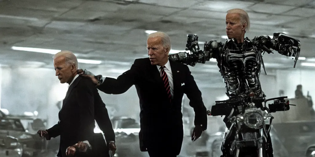 Image similar to joe biden in the terminator executing donald trump, cinematic, establishing shot, extremly high detail, photorealistic, cinematic lighting, style by James Gurney