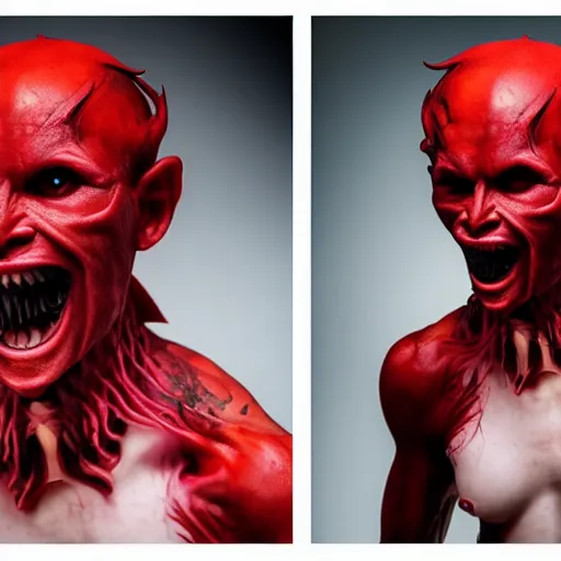 Image similar to a demon inspired by plastic created by the make up artist hungry, photographed by andrew thomas huang, cinematic, expensive visual effects