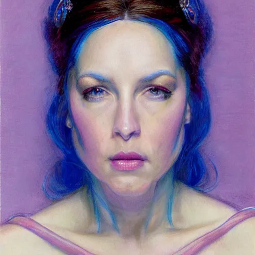 Prompt: frontal portrait of a queen dressed in blue and pink, by donato giancola.