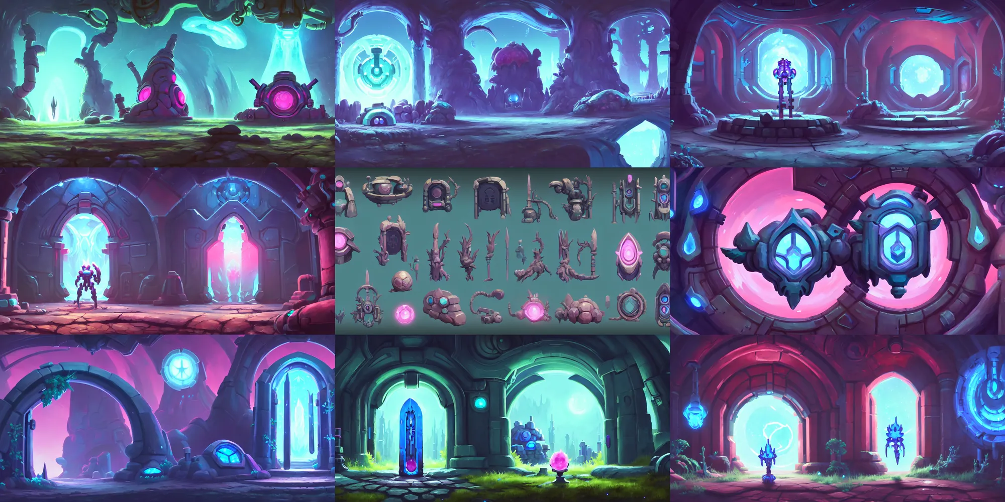 Prompt: game asset occult, scifi ori game assets concept props, mechanical ancient alien door in the forge of hephaestus, ghibli style, in gouache detailed paintings, props, stylized, 2 d sprites, kitbash, nature, organic, ivy, arcane, overwatch, blue and pink color scheme, 8 k, close up