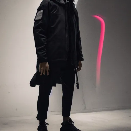 Prompt: man wearing techwear fashion trenchcoat, neon lights, ultrarealistic
