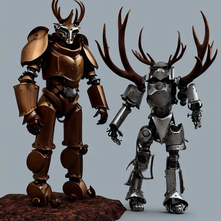 Image similar to warforged druid male anime character, wolf armor, wooden antlers, made of wood, made of metal, large robot, wolves, knight, medieval castle, wolf pack following, 3 d render beeple, realistic detailed octane render, pop up parade figure