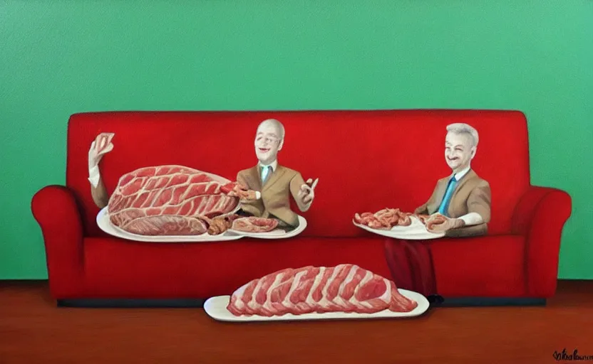 Image similar to realistic painting of couch made out of meat, business men sitting on couch made out of meat and talking, meat couch, meat couch,