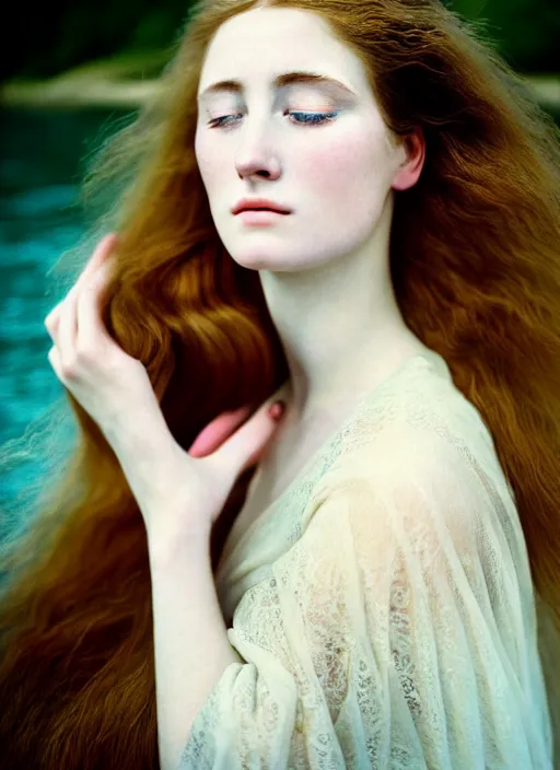 Image similar to Kodak Portra 400, 8K, soft light, volumetric lighting, highly detailed, sharp focus,britt marling style 3/4, Close-up portrait photography of a beautiful woman how pre-Raphaelites a woman with her eyes closed is surrounded by water , face is surrounded by fish, she has a beautiful lace dress and hair are intricate with highly detailed realistic beautiful flowers , Realistic, Refined, Highly Detailed, natural outdoor soft pastel lighting colors scheme, outdoor fine art photography, Hyper realistic, photo realistic