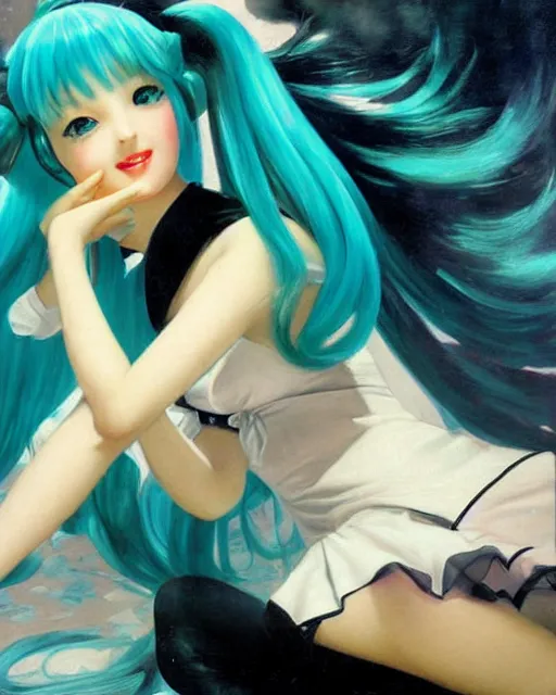 Prompt: A very very beautiful painting of Hatsune Miku by Gil Elvgren