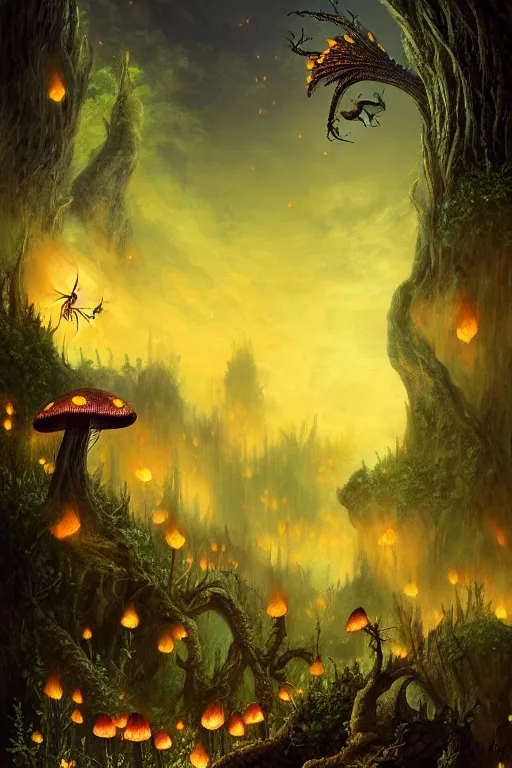 Prompt: a beautiful digital illustration painting of a detailed gothic fantasy fireflies and roots, dark mushroom, flowers ruins beautiful dragon by benoit b. mandelbrot, steven belledin, martin johnson heade, lee madgwick, caspar david friedrich, and david rios ferreira. 8 k resolution trending on artstation concept art digital illustration