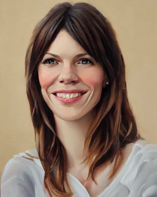 Prompt: a portrait painting of sabrina lloyd / perdita weeks / nicole de boer hybrid oil painting, gentle expression, smiling, elegant clothing, scenic background, behance hd by rossdraws