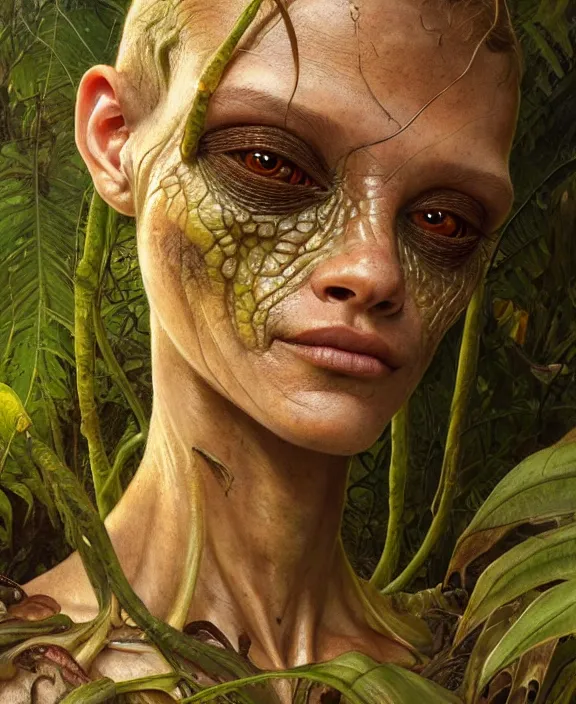 Image similar to intricate earth - toned portrait of a disturbing alien insect creature, mottling coloring, adorable, childlike, overgrown jungle environment, ultra realistic, concept art, maximalist, photorealistic, octane render, 8 k, unreal engine. art by christopher marley and artgerm and greg rutkowski and alphonse mucha