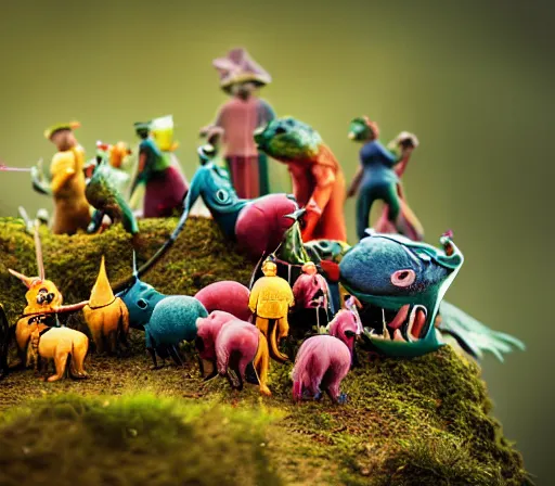 Prompt: miniature figurines of colorful heironymus bosch monsters, close up, detail, tilt shift, product photography
