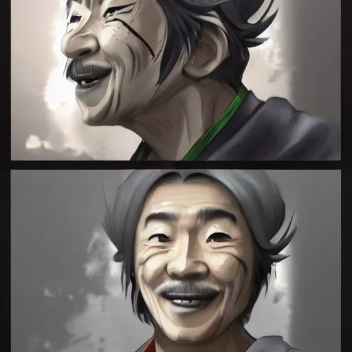 Image similar to photography of a smiling middle aged taoist priest in grey looks like zun long, anime waifu style character, clean soft lighting, backlit handsome face, clean brush stroke, 8 k character concept art, by wlop and artgerm, 3 d, yoji shinkawa