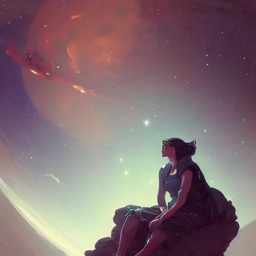 Prompt: A lonely woman sitting on a rock floating in space, stars, cosmic, science fiction, intricate, highly detailed, digital painting, artstation, concept art, sharp focus, cinematic lighting, illustration, greg rutkowski, alphonse mucha, cgsociety