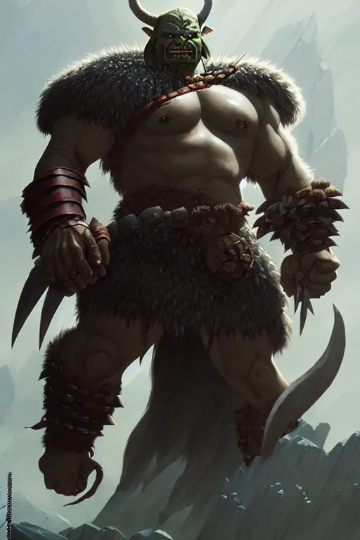 Image similar to orc barbarian wearing leather armor, full body shot, exquisite details, earth magic, mid view, design on a white background, by greg rutkowski, makoto shinkai, takashi takeuchi, studio ghibli