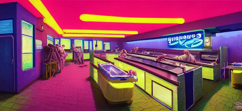 Image similar to beautiful masterpiece painting of a quiznos sandwich shop in a future radioactive glowing swamp, cryogenic day spa treatment, grunge cyberpunk, by Remedios Varo and Anato Finnstark and Greg Rutkowski, dayglo pink, dayglo blue, by Craig Mullins, ilya kuvshinov, krenz cushart, artgerm, 8k, trending on ArtStation