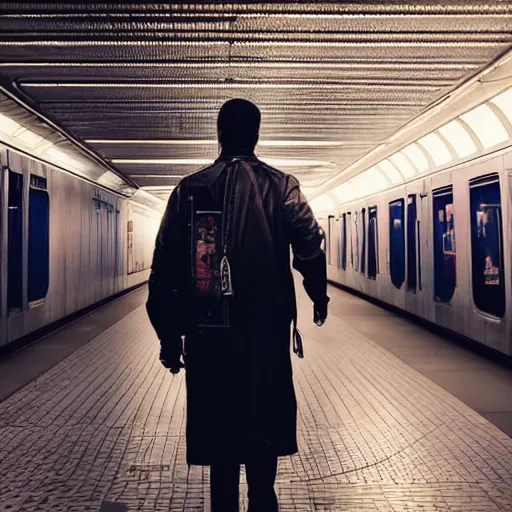 Prompt: a cyberpunk walking on a modern subway platform with a heavenly glow and chandeliers