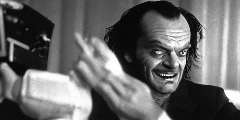 Prompt: photorealistic master shot cinematography of the character jack torrance played by jack nicholson from stanley kubrick's 1 9 8 0 film the shining sitting at the overlook hotel's gold ballroom bar laughing right at the camera shot on 3 5 mm 5 2 4 7 film by the shining cinematographer john alcott on a 1 8 mm cooke panchro lens.