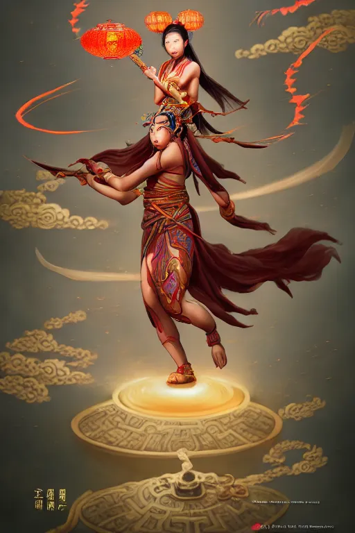 Image similar to nezha flies around swiftly on his wind flame circles in ruin chinese city, masterpiece, chinese mythology, top view, cinematic, fantasy character portrait, highly detailed, by new gods : nezha reborn, nezha : birth of the demon child, ne zha from smite, trending on artstation, concept art, flame everywhere,