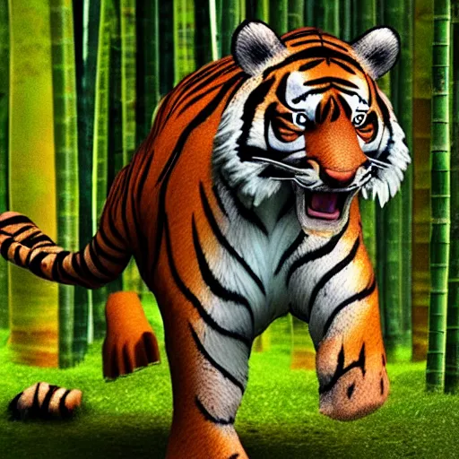 Prompt: tiger running on the razor edge, intricate, highly detailed night, rainy bamboo grove, unreal engine