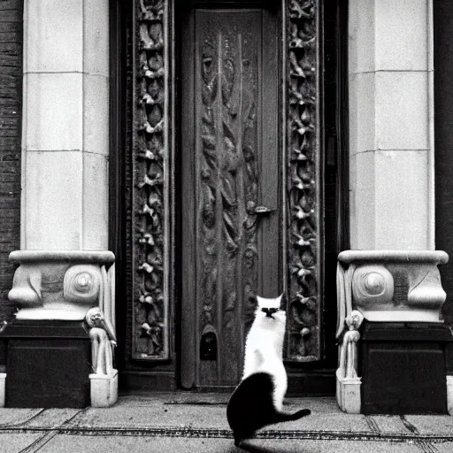 Image similar to detailed professional photographic portrait of Sigourney Weaver wearing a white singlet and her cat moving apartment New York City 1983, gothic building entrance way Art Deco. Giger, cinematic feel, high octane