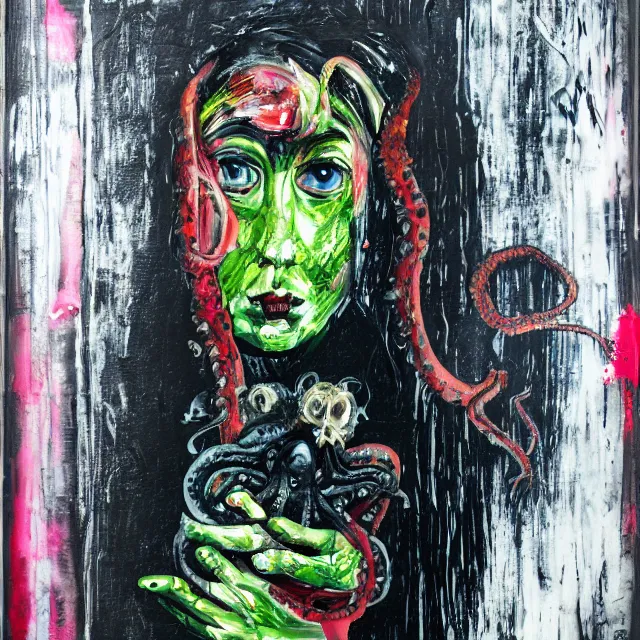 Prompt: a portrait in a dark apartment, rats, a widow holding an octopus, streetlamps, wet, puddles, wild berries, metaphysical, neo - expressionism, surrealism, acrylic and spray paint and oilstick on canvas