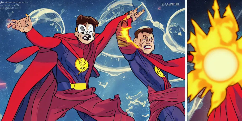 Prompt: a Undertale cartoon of Elon musk as the flash an the rock as doctor strange poster in the style of Undertale cartoon, cinematic, detailed 1000K, inspiring, full body camera shot