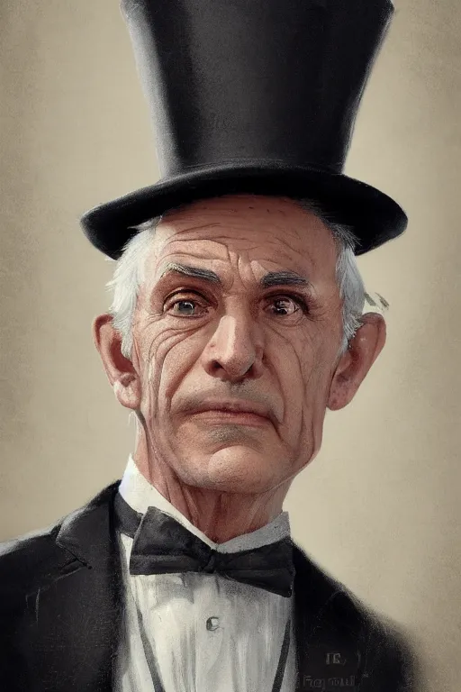 Image similar to a grey hair old halfling with no beard stubble top hat and suit by Greg Rutkowski, painting, portrait, HD, high details, trending on artstation