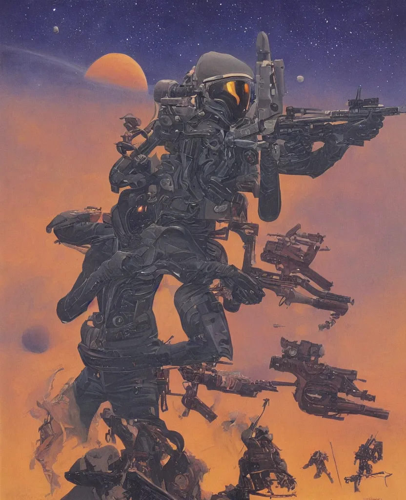 Image similar to a painting of a spaceman holding a rifle, concept art by michael whelan and tim white and vincent di fate, featured on deviantart, space art, concept art, sci - fi, cosmic horror