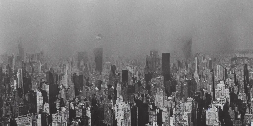 Prompt: vintage color photo of broken physics, singularity, black hole, multiverse portal, highrise NYC 1980's city vista, lone survivor , f12, ISO 400