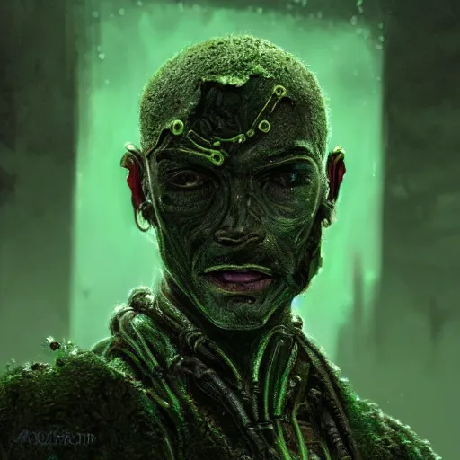 Image similar to atractive man face made of green lava and fire, cyberpunk fashion, character design humanoid, realistic shaded perfect face, fine details, very dark environment, misty atmosphere, closeup, d & d, fantasy, intricate, elegant, highly detailed, digital painting, artstation, hearthstone, art by artgerm and greg rutkowski and alphonse mucha, marvelous designer