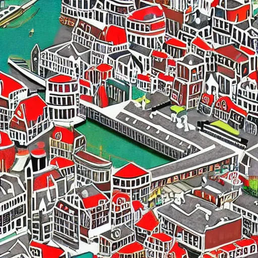 Prompt: an aerial view of amsterdam in the style of where's waldo