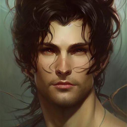 Prompt: full portrait of beautiful male paladin elf man with wavy dark hair, intricate, elegant, highly detailed, digital painting, artstation, concept art, smooth, sharp focus, illustration, art by Krenz Cushart and Artem Demura and Alphonse Mucha,