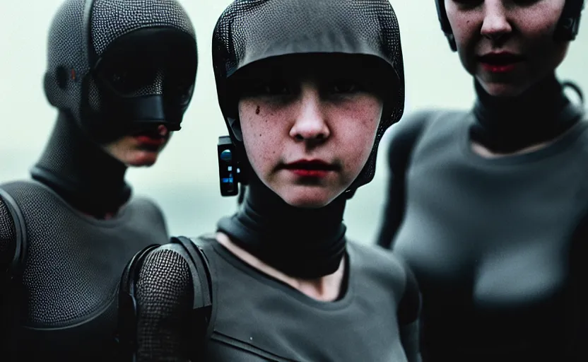 Image similar to cinestill 5 0 d candid photographic portrait by helen levitt of two loving female androids wearing rugged black mesh techwear in treacherous waters, extreme closeup, modern cyberpunk moody emotional cinematic, dust storm, 8 k, hd, high resolution, 3 5 mm, f / 3 2, ultra realistic faces, ex machina