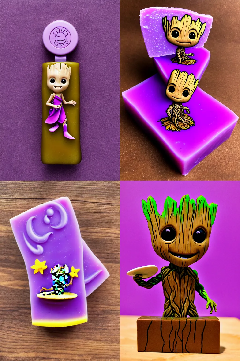 Prompt: llittle cute Groot surfs on a bar of purple soap, by disney plus
