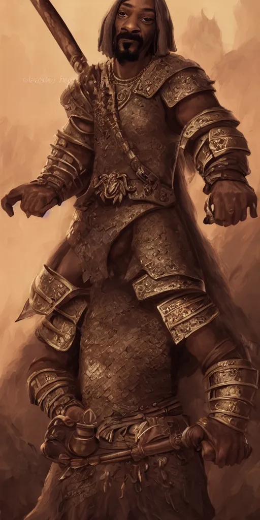 Image similar to snoop dogg as a barbarian, short beard, grumpy, plate armor, Ivan Aivakovsky, epic fantasy character art, D&D Concept Art, magic the gathering, full length, ultra Realistic, Regal, Refined, Detailed Digital Art, Exquisite detail, post-processing, masterpiece, Cinematic Lighting, Unreal Engine, 8k, HD,