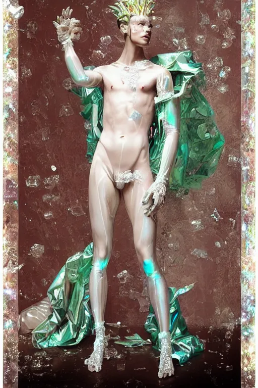 Image similar to full-body rococo and cyberpunk delicate crystalline sculpture of (((muscular slender Spanish male))) as an iridescent humanoid deity wearing a thin see-through ((plastic hooded cloak)) sim roupa, reclining con (las piernas abiertas), glowing pink face, crown of (((white lasers))), large diamonds, swirling black silk fabric. futuristic elements. oozing glowing liquid, full-length view. space robots. (((human skulls))). throne made of bones, intricate artwork by caravaggio. Trending on artstation, octane render, cinematic lighting from the right, hyper realism, octane render, 8k, depth of field, 3D