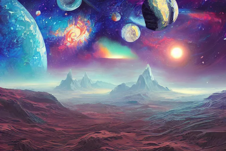Image similar to space landscape, illustration painting, oil on canvas, intricate, portrait, detailed illustration, hd, digital art, overdetailed art, concept art, complementing colors, detailed, illustration painting by fort iron, digital art, overdetailed art, concept art, complementing colors rendered by beeple, syd meade,