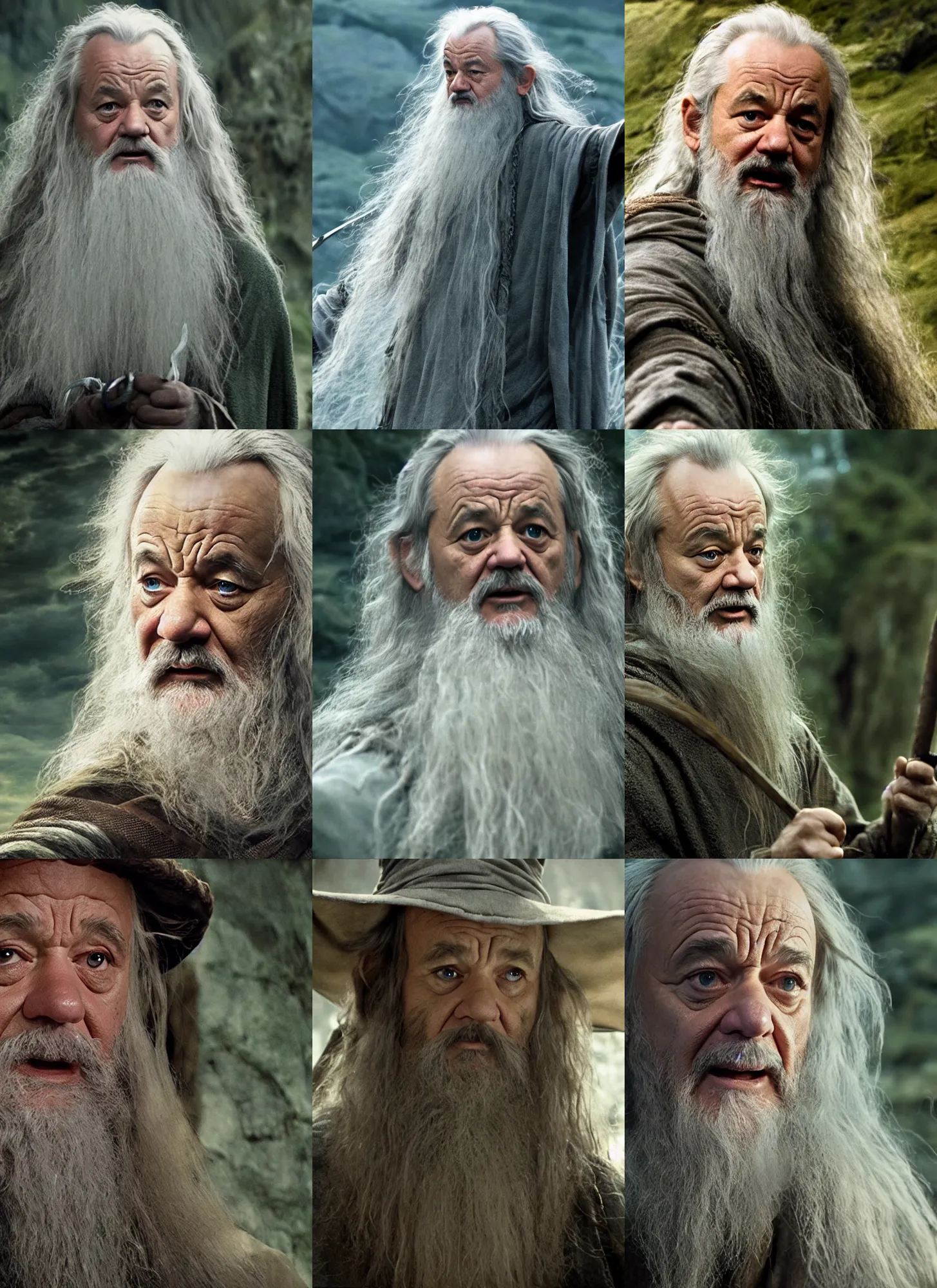 Image similar to bill murray as a gandalf in lord of the rings, 4 k movie screen capture, post processed, uhd, hdr.