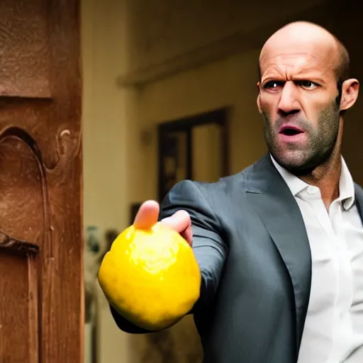 Image similar to ultra realistic professional photo of a lemon yelling at Jason Statham