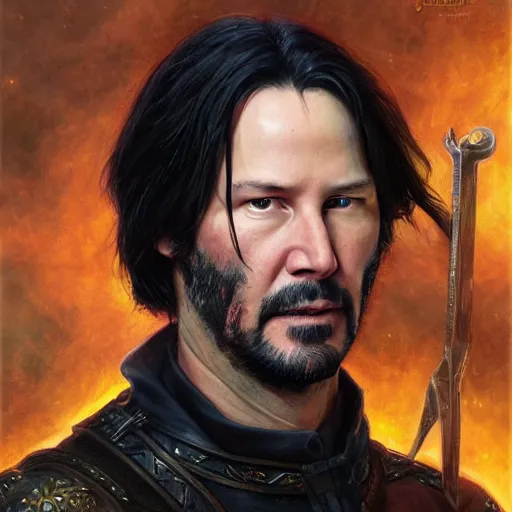 Image similar to Keanu Reeves as a fantasy D&D character, portrait art by Donato Giancola and James Gurney, digital art, trending on artstation