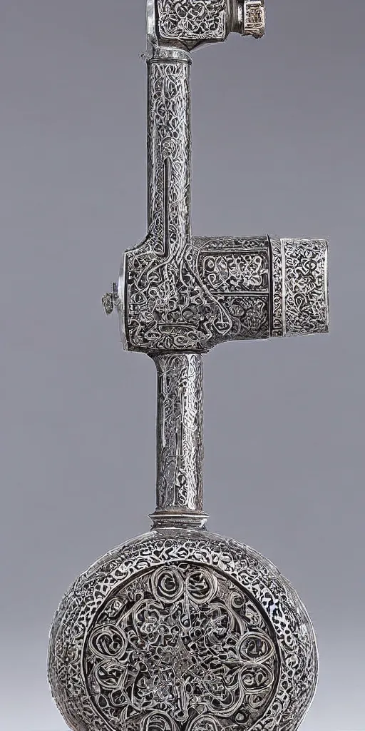 Image similar to a gravity hammer made out of damascene and ornate silver filigree