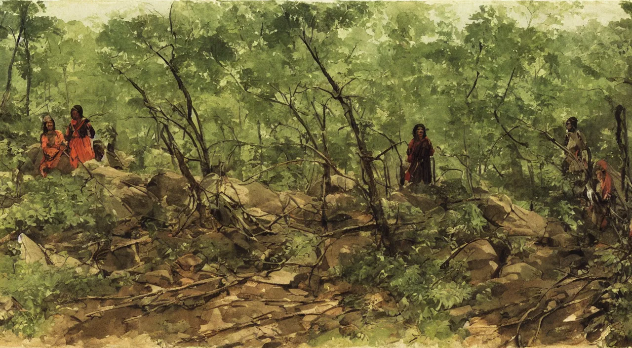 Prompt: Indian natives are waiting, hidden in the woods, watercolour by Winslow Homer, oil on canvas