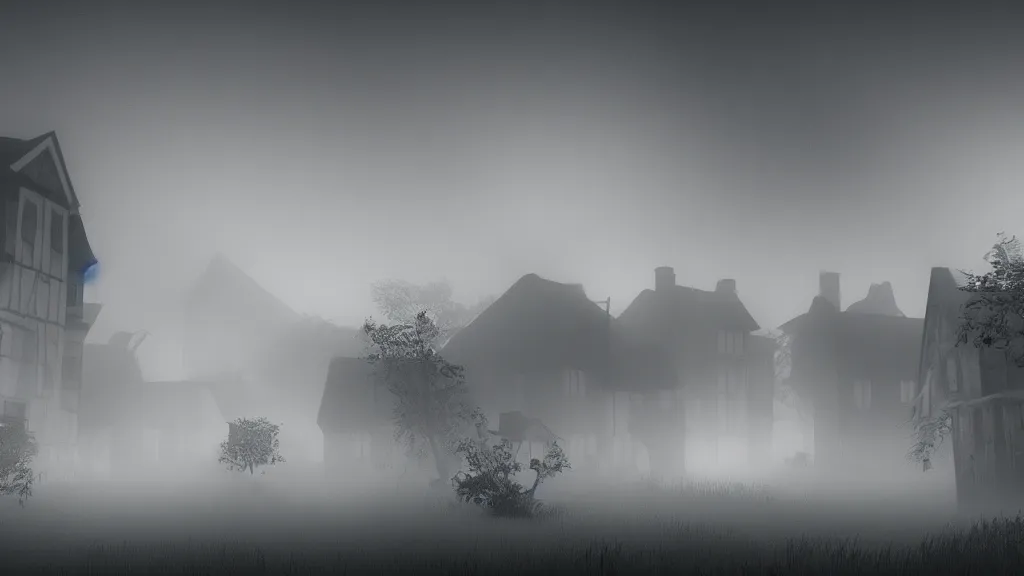 Image similar to village with many beautiful houses in the fog, fog, volumetric lighting, mystique, atmospheric, in the style of the game inside, sharp focus, ultra detailed, noir arthouse, 4 k, cinematic, 3 5 mm