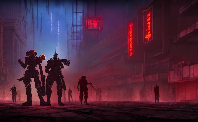 Image similar to fallout new vegas in an cyberpunk studio ghibli animated film, d & d, fantasy concept art, global illumination, beautiful composition, volumetric lighting, art by enki bilial, highly detailed