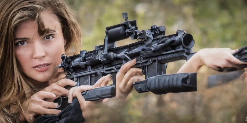 Image similar to hyperrealistic photo of a hot girl holding an ar - 1 5 8 k