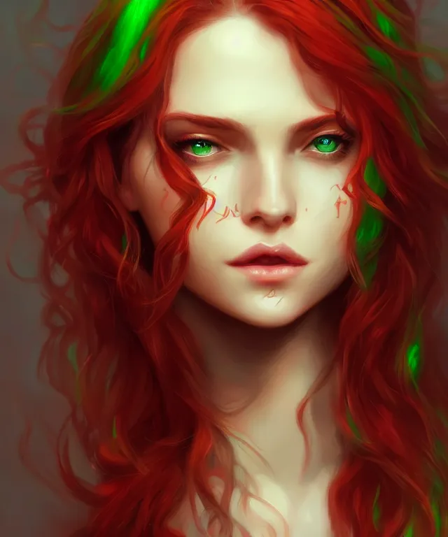 Image similar to Fae teenage girl, portrait, face, long red hair, green highlights, fantasy, intricate, elegant, highly detailed, digital painting, artstation, concept art, smooth, sharp focus, illustration