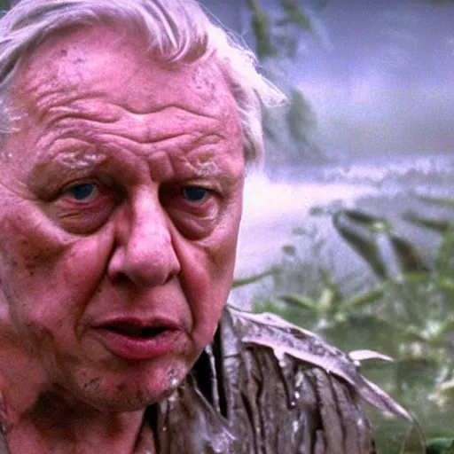 Image similar to cinematic still of sir david attenborough, covered in mud and watching a predator in a swamp in 1 9 8 7 movie predator hd, 4 k
